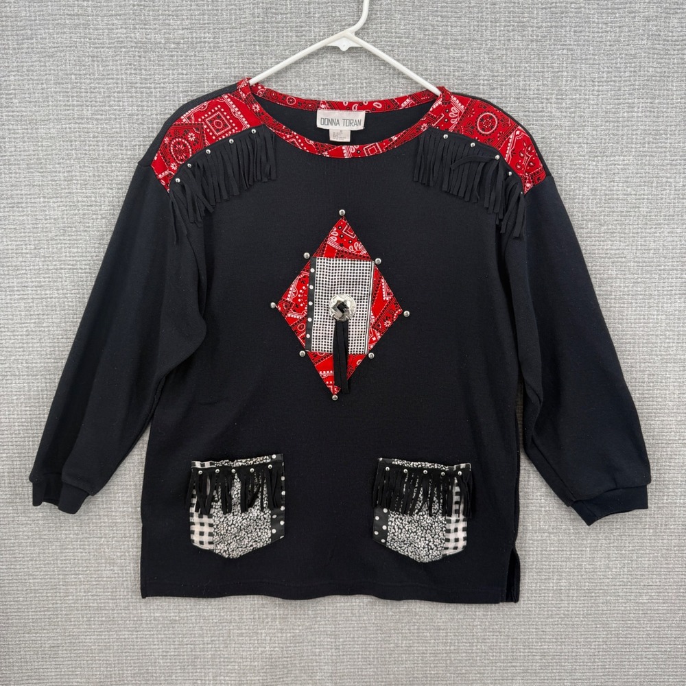Vtg Donna Toran Western Sweatshirt Womens S Black Bandana Fringe Studded